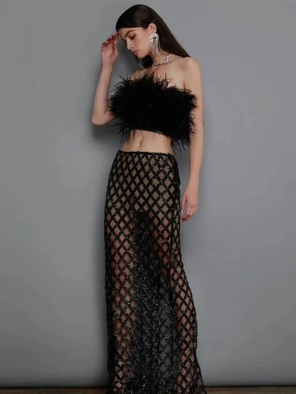 Sexy Luxury Sequins Feather Strapless Top Skirt Two Piece Set Party Dress