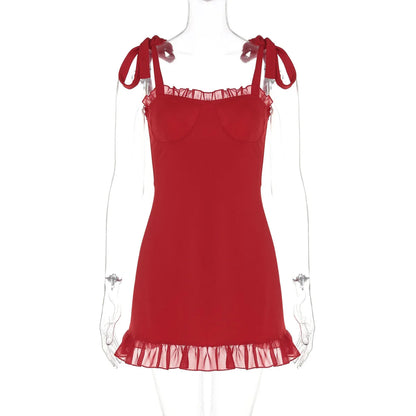 Red Ruffle Mini Bodycon Pleated Party Dress