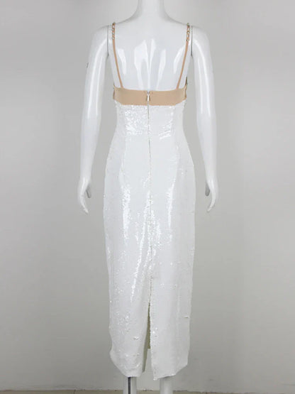 Sexy Spaghetti Strap Luxury Diamond Sequin Dress White Backless Midi Party Dress