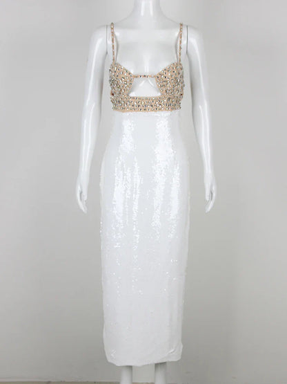 Sexy Spaghetti Strap Luxury Diamond Sequin Dress White Backless Midi Party Dress