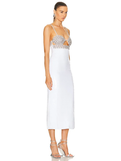 Sexy Spaghetti Strap Luxury Diamond Sequin Dress White Backless Midi Party Dress