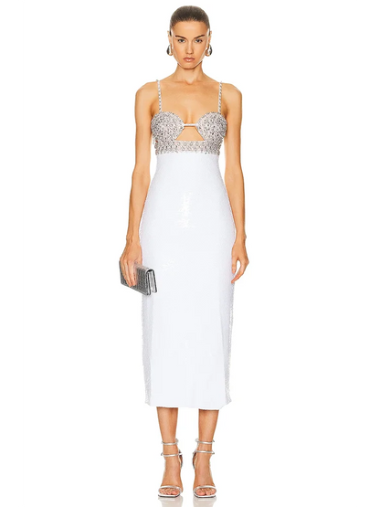 Sexy Spaghetti Strap Luxury Diamond Sequin Dress White Backless Midi Party Dress