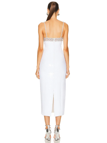 Sexy Spaghetti Strap Luxury Diamond Sequin Dress White Backless Midi Party Dress