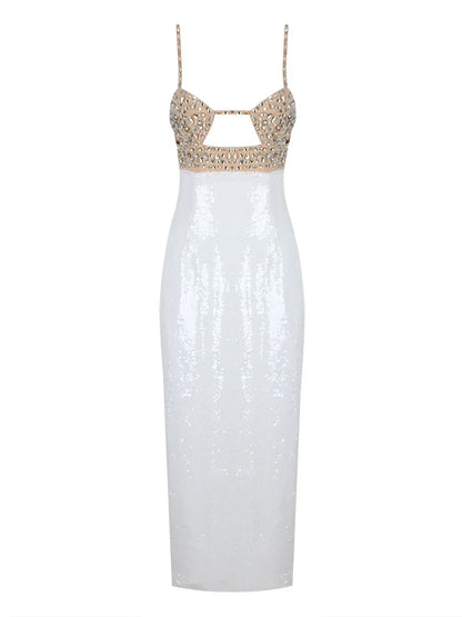 Sexy Spaghetti Strap Luxury Diamond Sequin Dress White Backless Midi Party Dress