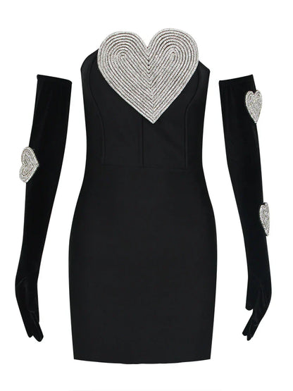Sexy Strapless Heart Diamonds Bandage Gloves Black Backless Bodycon Party Dress