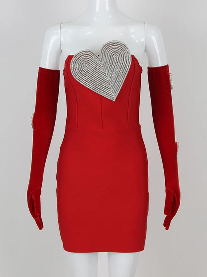 Sexy Strapless Heart Diamonds Bandage Gloves Black Backless Bodycon Party Dress