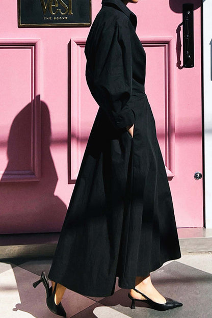 Cotton Long Sleeve A-Line Shirt Midi Dress