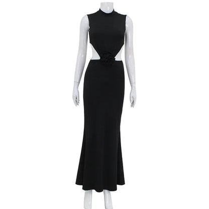 Elegant Hollow Back Sexy Solid Color Turtle Neck Sleeveless Dress Party Dress