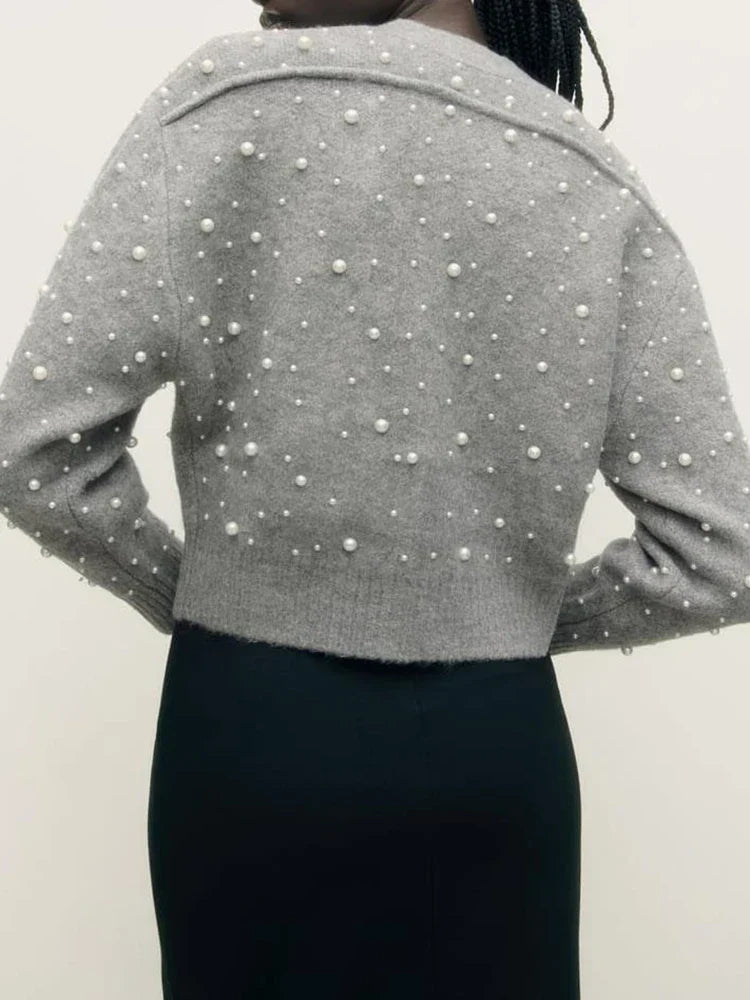 Faux Pearl Zip Knit Cardigan