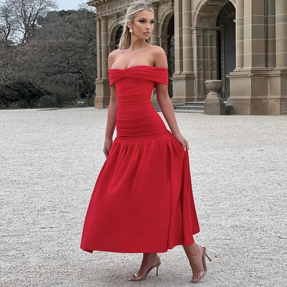Elegant Backless Patchwork Long Red Sleeveless Bandeau Solid Pleated Wide Skirt Party Dress