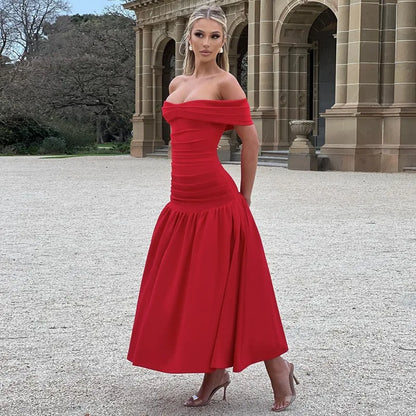 Elegant Backless Patchwork Long Red Sleeveless Bandeau Solid Pleated Wide Skirt Party Dress