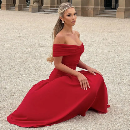 Elegant Backless Patchwork Long Red Sleeveless Bandeau Solid Pleated Wide Skirt Party Dress