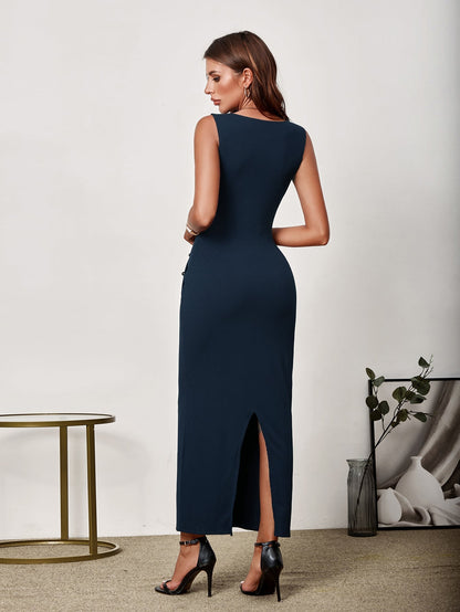 V-Neck Button Placket Back Split Bodycon Dress