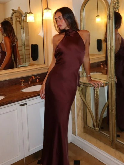 Sexy Chic Satin Backless Halter Lace Up Dress