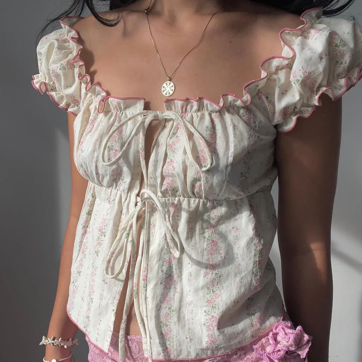 Ruffles Tie-Up Cap Crop Top