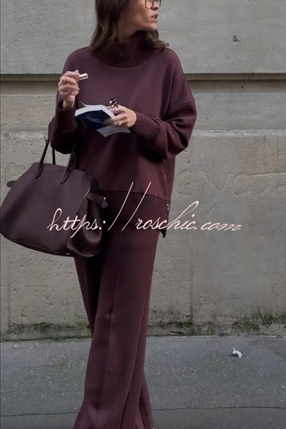 Double Soft Turtleneck Side Zipper Sweatshirt and Elastic Waist Pocketed Loose Pants Set  (Shipped Within 24 Hours)
