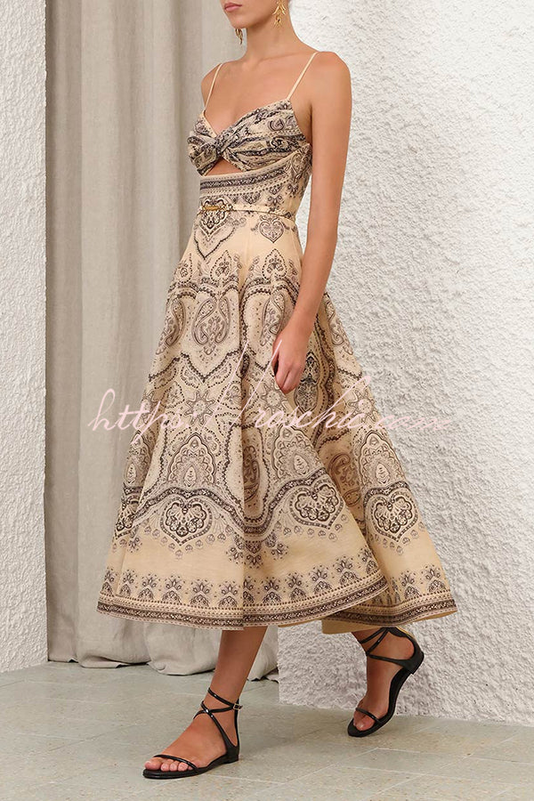 Luna Linen Blend Paisley Print Twist Back Smocked Pocket Slip Midi Dress