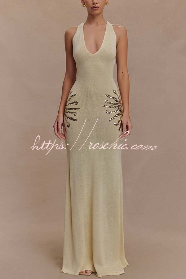 Sparkling Nights Knit Sunburst Sequin Detail Back Cross Straps Stretch Maxi Dress