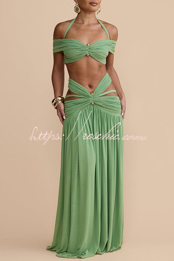Martina Stretch Mesh Gold Metal Detail Gathered Sweetheart Crop Halter Vacation Tank