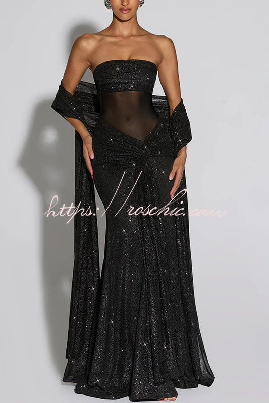 Paula Sequined Mesh and Jersey Off Shoulder Ruched Knot Drape Shawl Maxi Dress