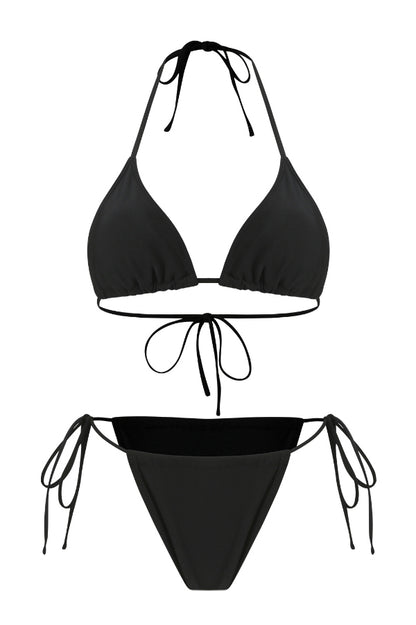 Solid Color Stretch Two-piece Bikini Swimsuit and Hollowed-out Long-sleeved Slim-fit Cover-up Maxi Dress Set