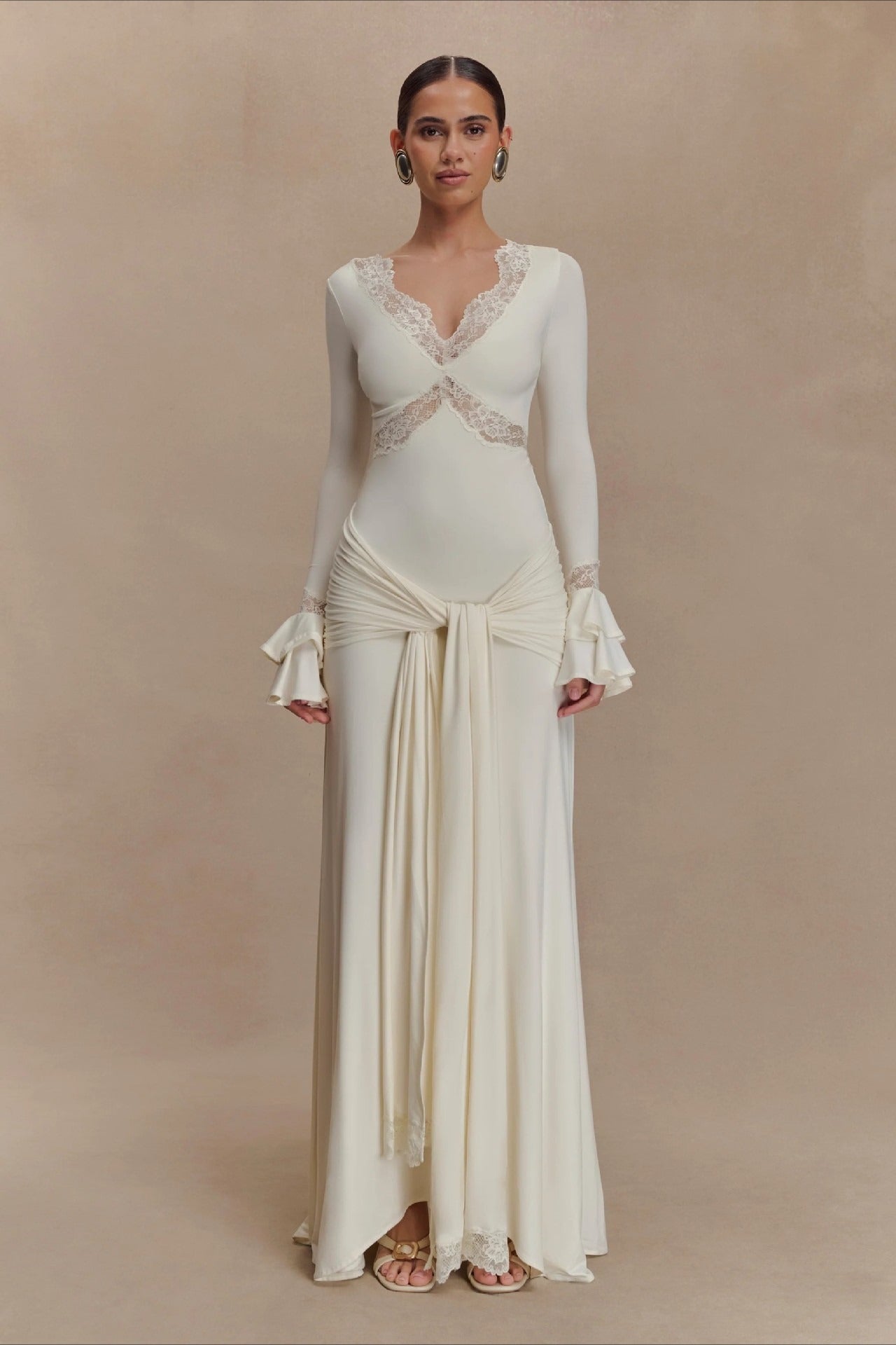 Lace Bodycon Flare Sleeve Maxi Dress