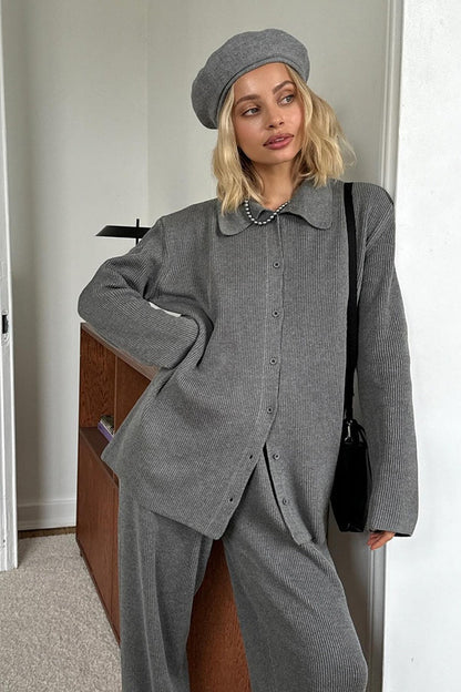 Knit Ribbed Collar Long Sleeve Loose Two Piece Set