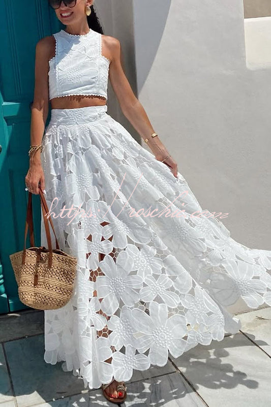 Next Trip Floral Embroidery Crochet Lace Crop Tank Top and Elastic Waist Pocket Maxi Skirt Set