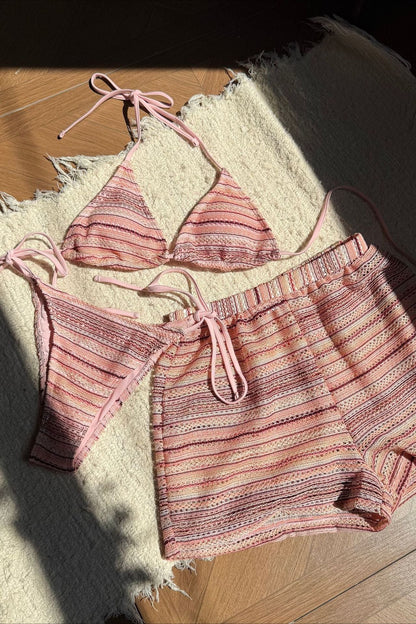 Knit Colorblock Three Piece Bikini Set