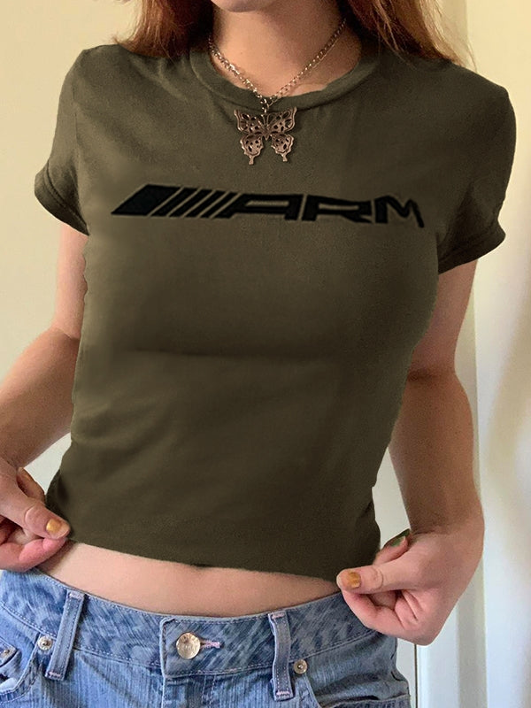 Vintage Brown Letter Print Short Sleeve Tee