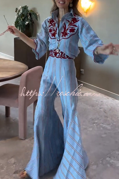 Delirio Linen Blend Floral Embroidery and Stripes Print Bell Sleeve Tie-up Blouse