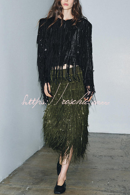 Party Crasher Layered Sequined Tassels High Rise Back Zipper Midi Skirt (Shipped Within 24 Hours)