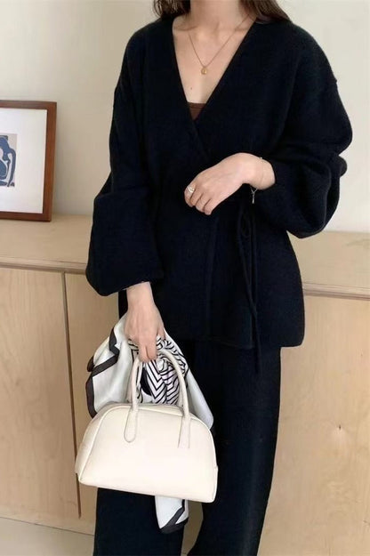 Loose Belted Knit Cardigan Wide-Leg Pants Two Piece Set