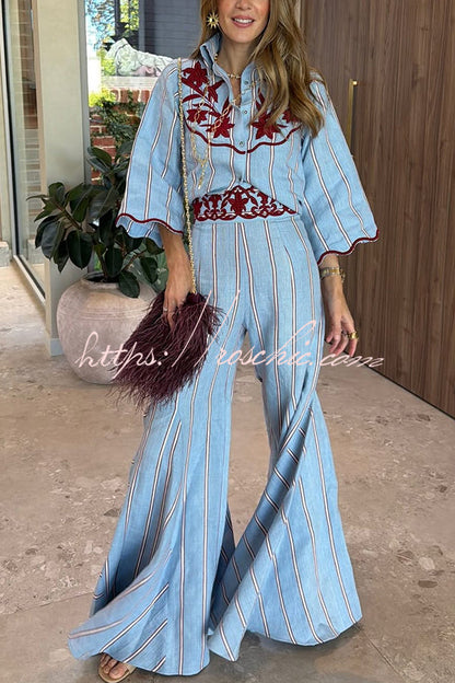 Delirio Linen Blend Floral Embroidery and Stripes Print Bell Sleeve Tie-up Blouse