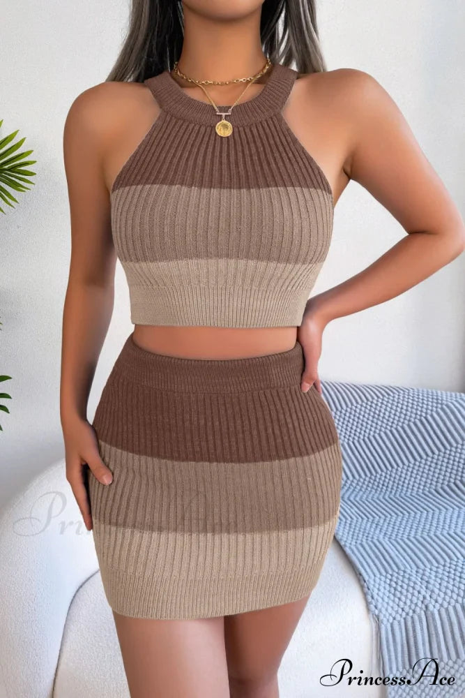 and with Set Skirt Crop Sleeveless Color Top Block Knit Design