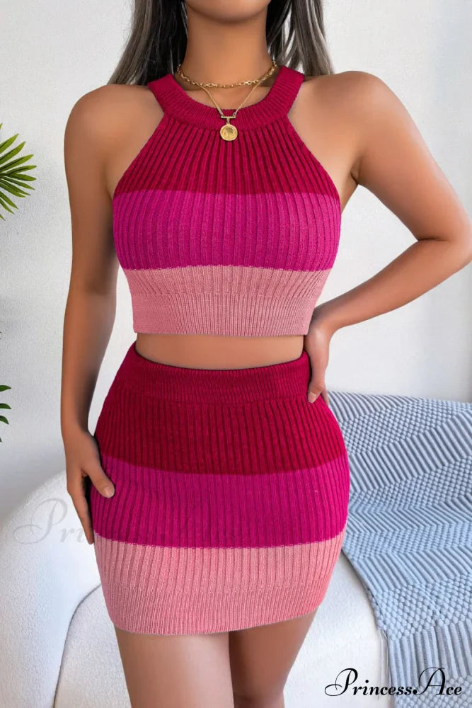 and with Set Skirt Crop Sleeveless Color Top Block Knit Design