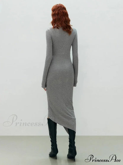 Asymmetrical Draped Cutout Crew Neck Classic Long Sleeve Midi Knit Dress
