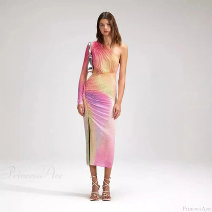 Asymmetrical Off-Shoulder Colorful High-End Prom Dress