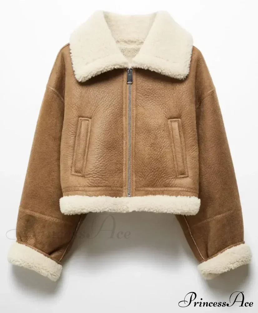 Autumn Vintage Faux Leather Cropped Warm Lapel Fleece Long Sleeve Stylish Coat