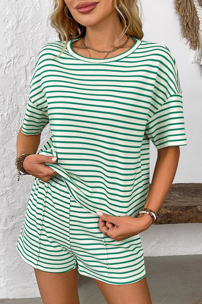 Knitted Striped Casual Athletic Short Two Piece Set
