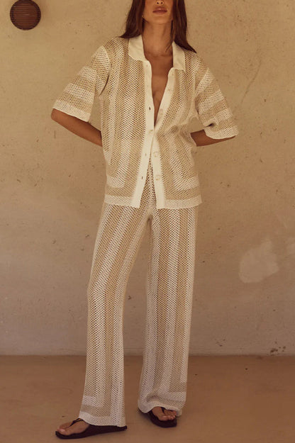 Stylish Knitted Collared Short-Sleeved Button-Up Top and Elastic Waist Casual Pants Cover-Up Set