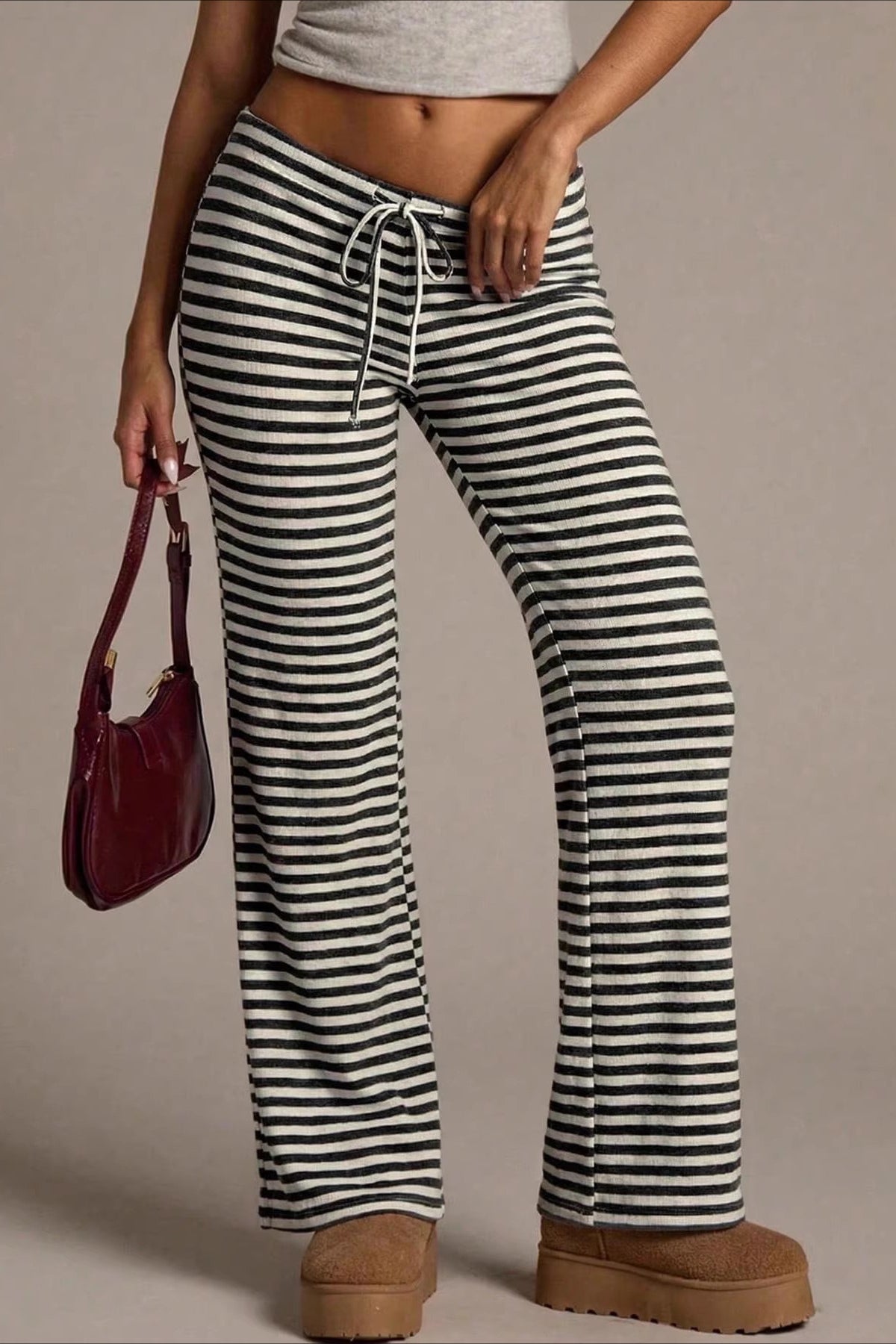 Retro Striped Drawstring Wide Leg Pants