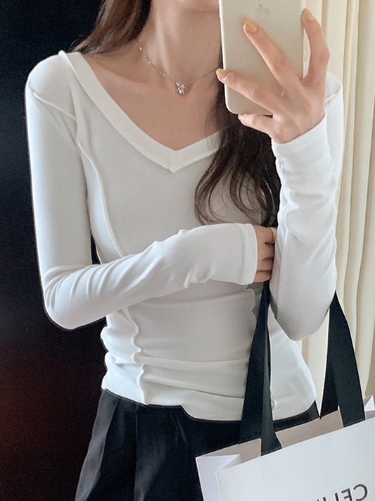 Solid V Neck Seam Detail Slim Long Sleeve Knit