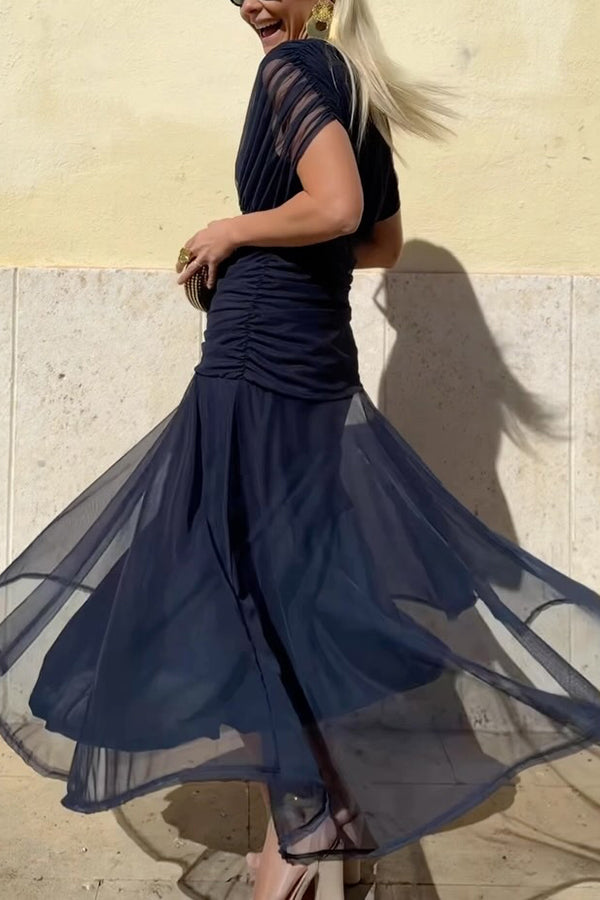 Unique Printed V-Neck Waisted Mesh Holiday Maxi Dress