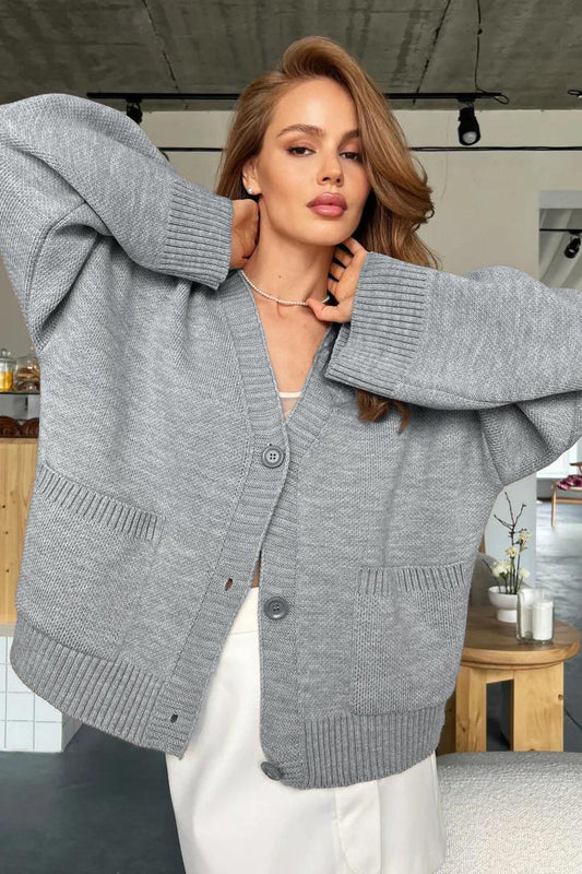 V-Neck Pocket Loose Fit Knit Cardigan