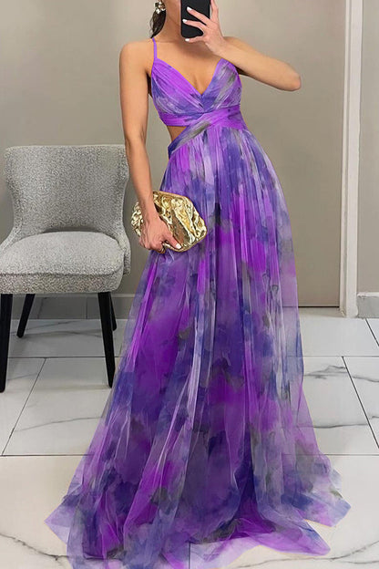 Giselle Tulle Render Floral Print Cutout Waist Back Lace-up Maxi Dress