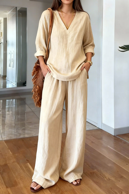 Linen Blend V-neck Long-sleeved Loose Top and Elastic Waist Casual Pocket Pants Set