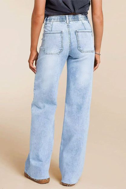 Stylish Elastic Waistband Drawstring Casual Pocket Loose Straight Leg Jeans