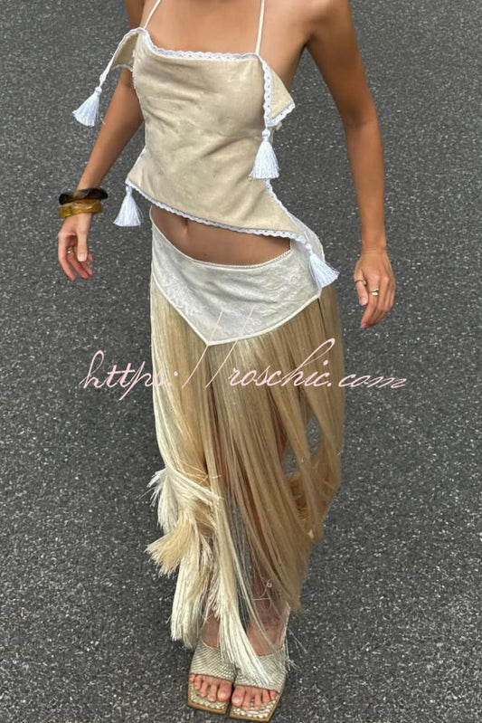 Fashionable Lace Appliqu¨¦ Tassel Hem Vacation Maxi Skirt