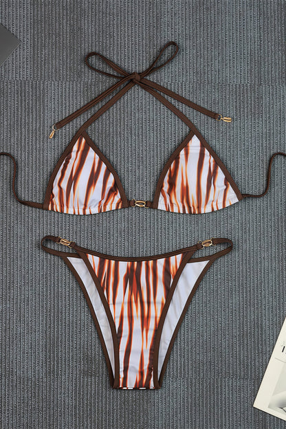 Chic Striped Print Tie Back High Waist Bikini Sets
